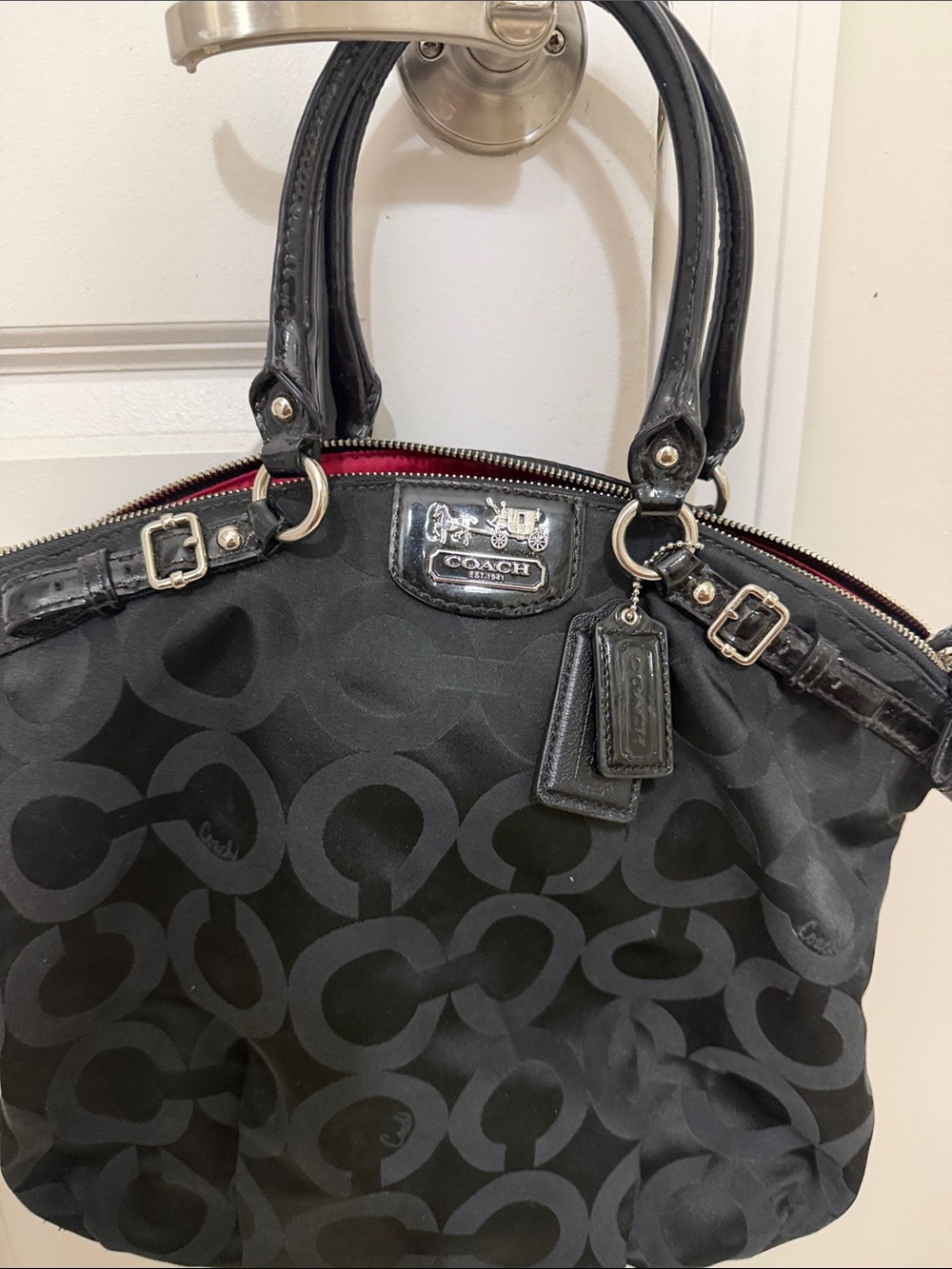 Coach Black Signature Jacquard Tote with Red Trim
